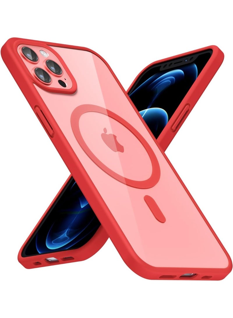 جراب مغناطيسي شفاف لهاتف آيفون 12 برو ماكس [مقاوم للصدمات ونحيف] غطاء خلفي صلب شفاف مع حماية عالية الجودة | أحمر